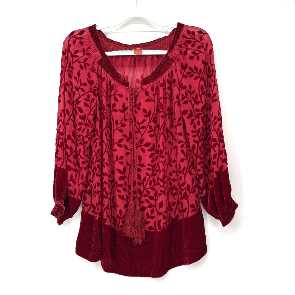 Sundance Crushed Velvet Peasant Blouse Small Burgundy Silk Boho Fairy Goth